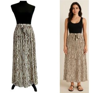 Joie cream brown zebra animal print pleated A-line midi maxi skirt fully lined